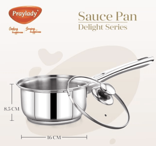 Praylady Delight Series 3 Ply Base Saucepan 16 cm | Stainless Steel Sauce Pan with Glass Lid | 1.0 litres Capacity | Induction and Gas Stove Friendly | Milk Pan with Lid | - Image 3